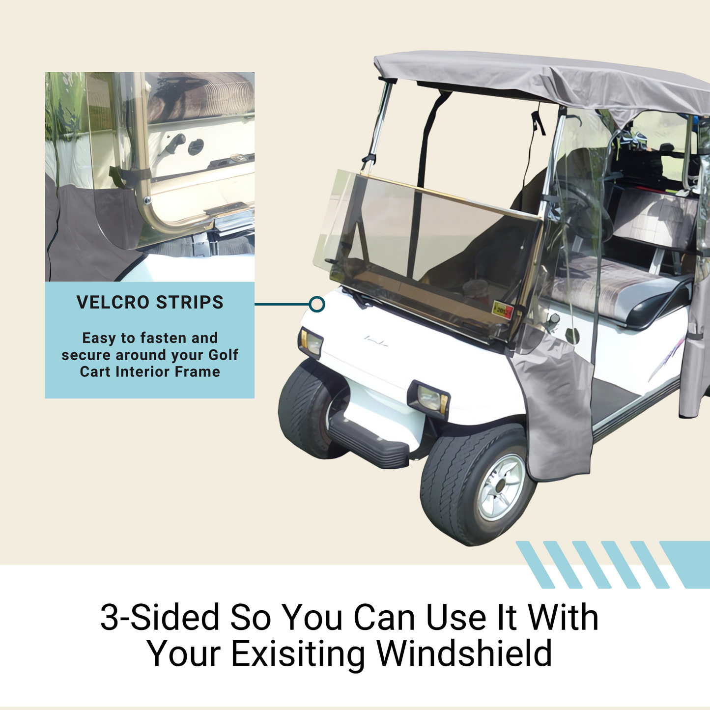 2+2 Passenger 3 Sided Golf Cart Enclosure Short Roof 58"L Cover Open Front - Grey