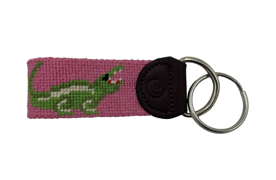 Key Fob - Pink Alligator Hand-stitched Needlepoint - The Golf Guys Online
