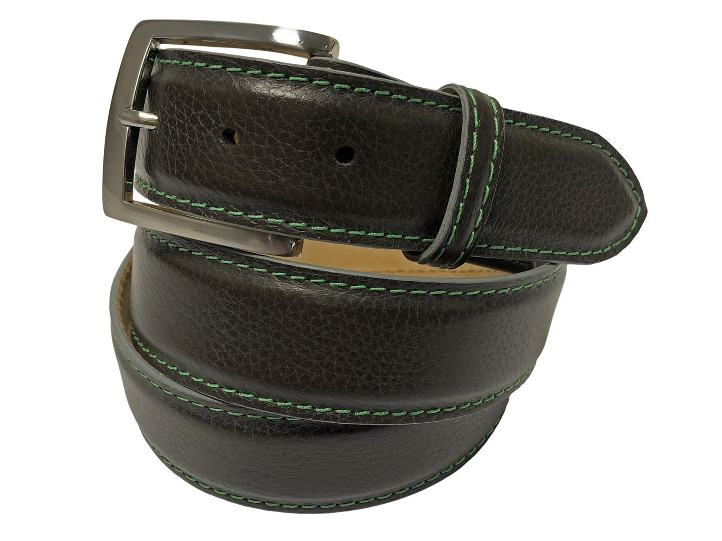 Calf Skin Pebble Belt Brown / Green Stitch - The Golf Guys Online