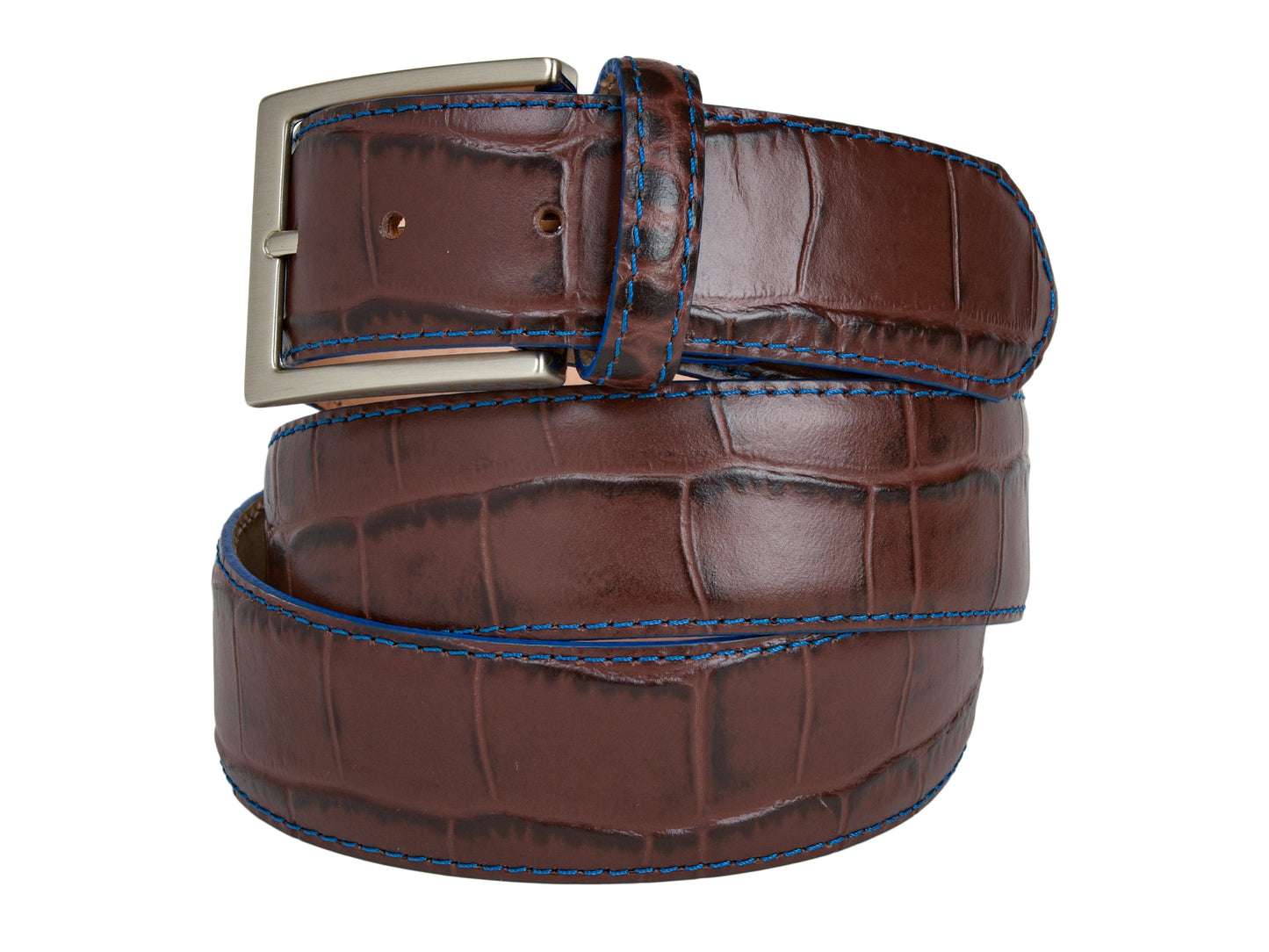 Calf Skin Alligator Embossed Belt Brown / Blue Stitch - The Golf Guys Online