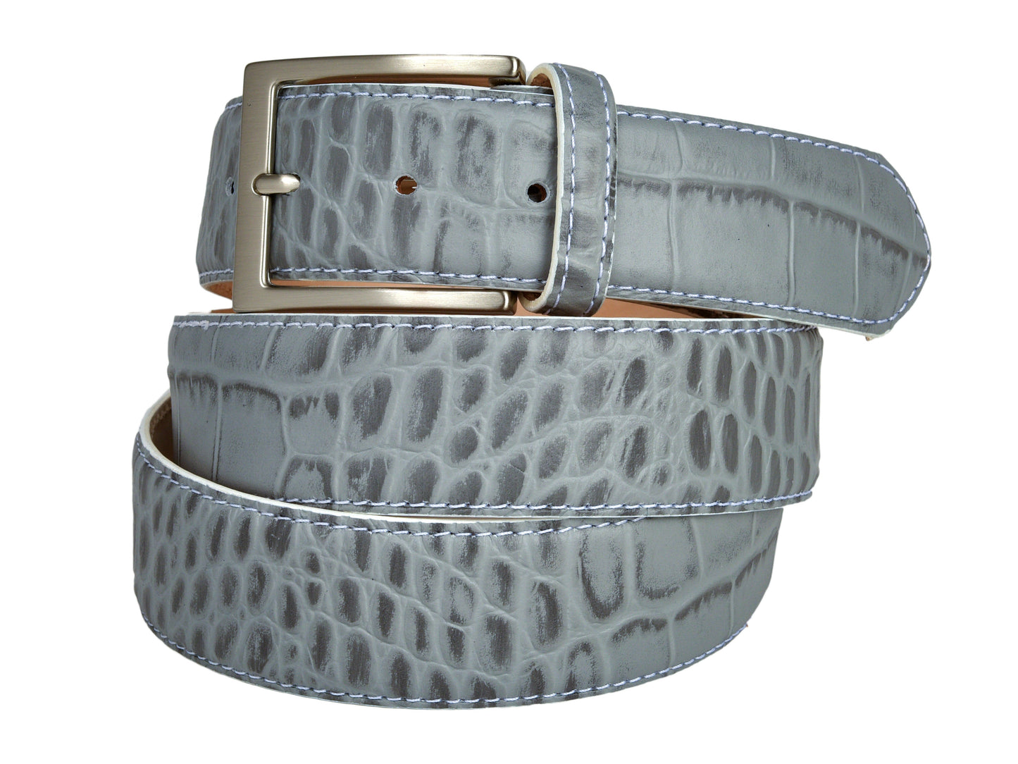 Calf Skin Alligator Embossed Belt Gray / White Stitch - The Golf Guys Online