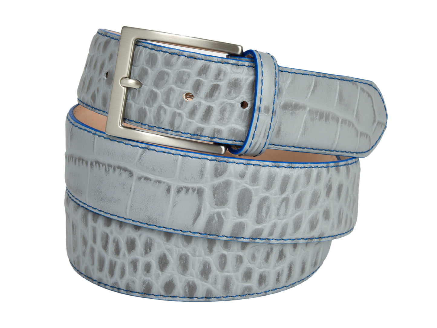 Calf Skin Alligator Embossed Belt Gray / Blue Stitch - The Golf Guys Online