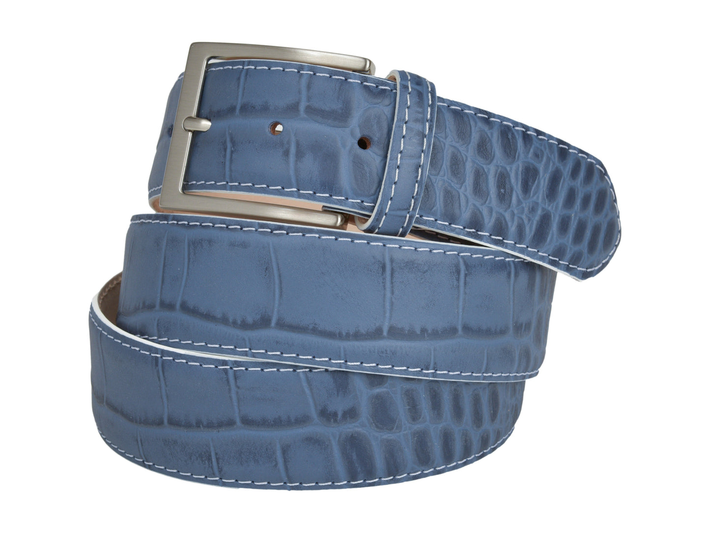 Calf Skin Alligator Embossed Belt Blue / White Stitch - The Golf Guys Online