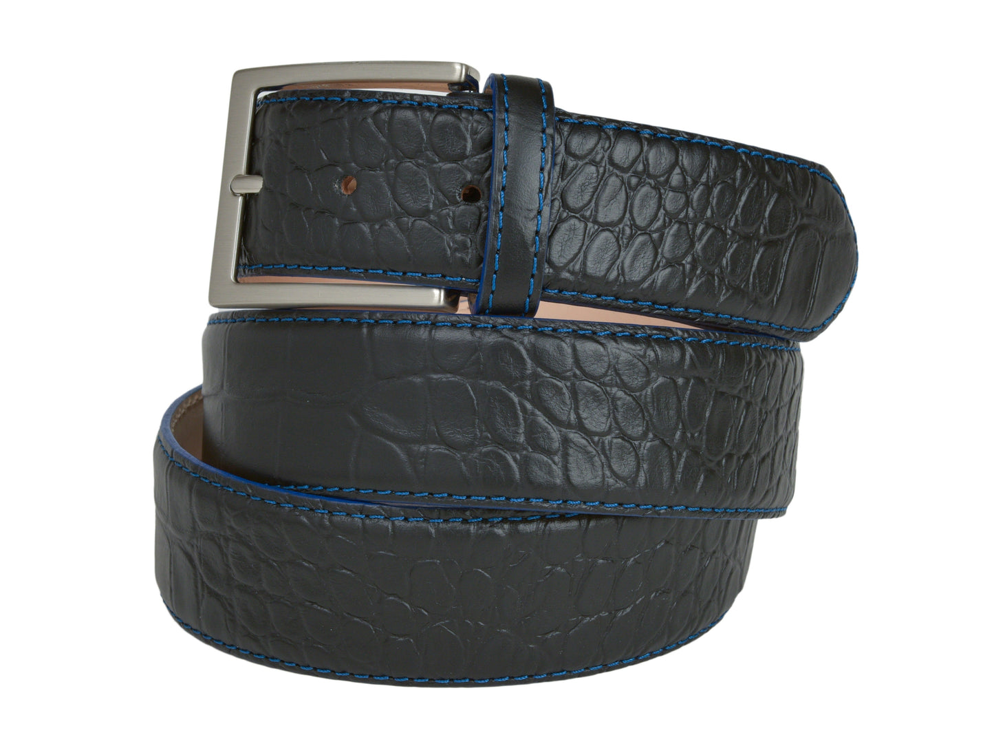 Calf Skin Alligator Embossed Belt Black / Blue Stitch - The Golf Guys Online