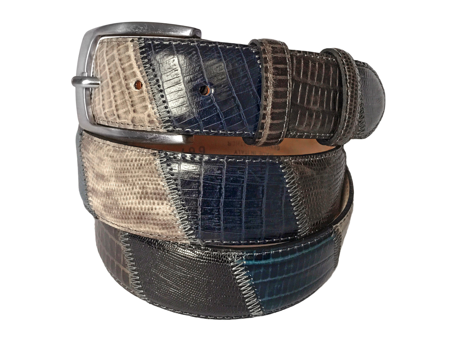 Calf Skin Lizard Embossed Patchwork Belt Gray/Blue - The Golf Guys Online