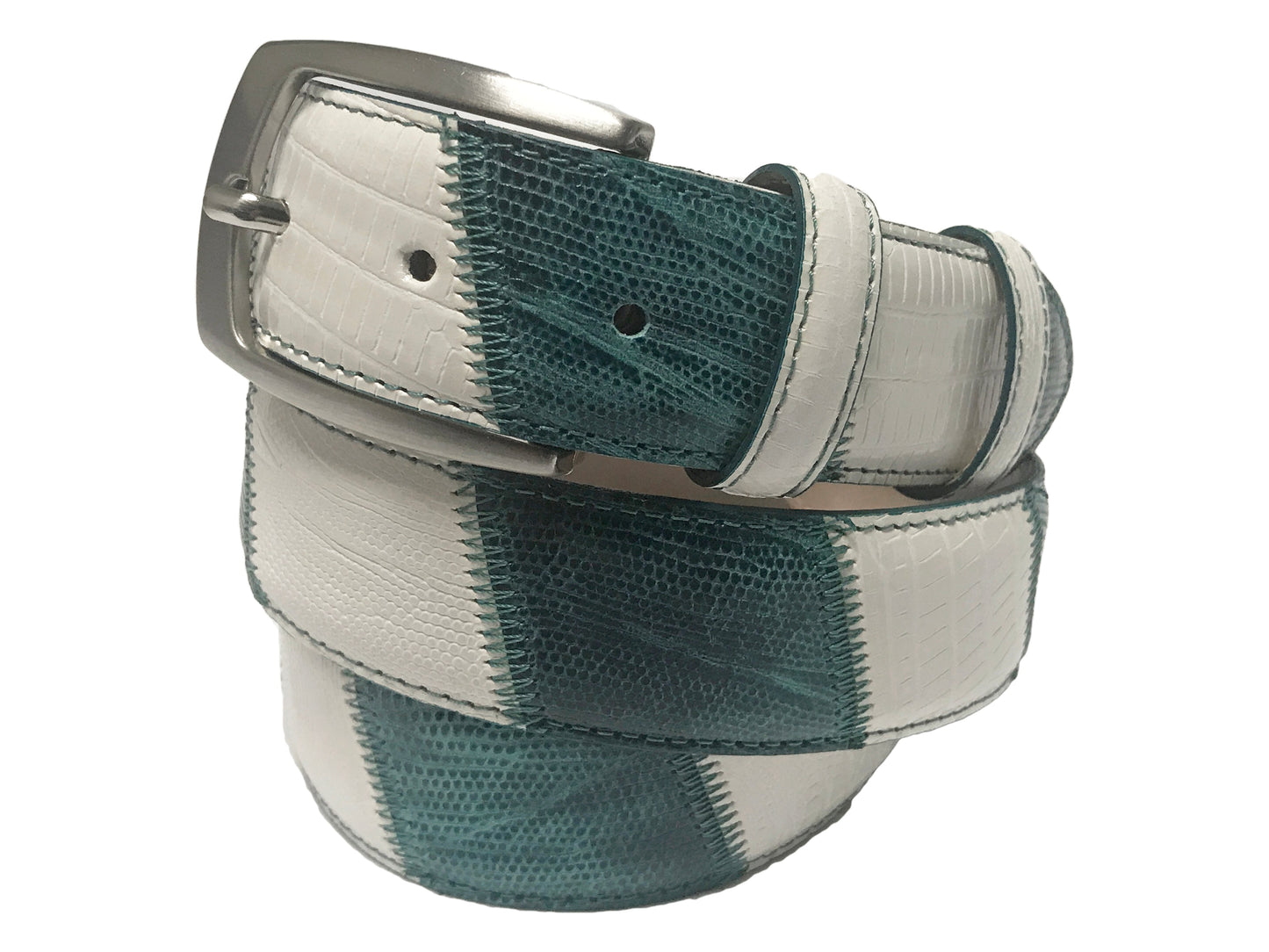 Calf Skin Lizard Embossed Patchwork Belt White/Turquoise - The Golf Guys Online