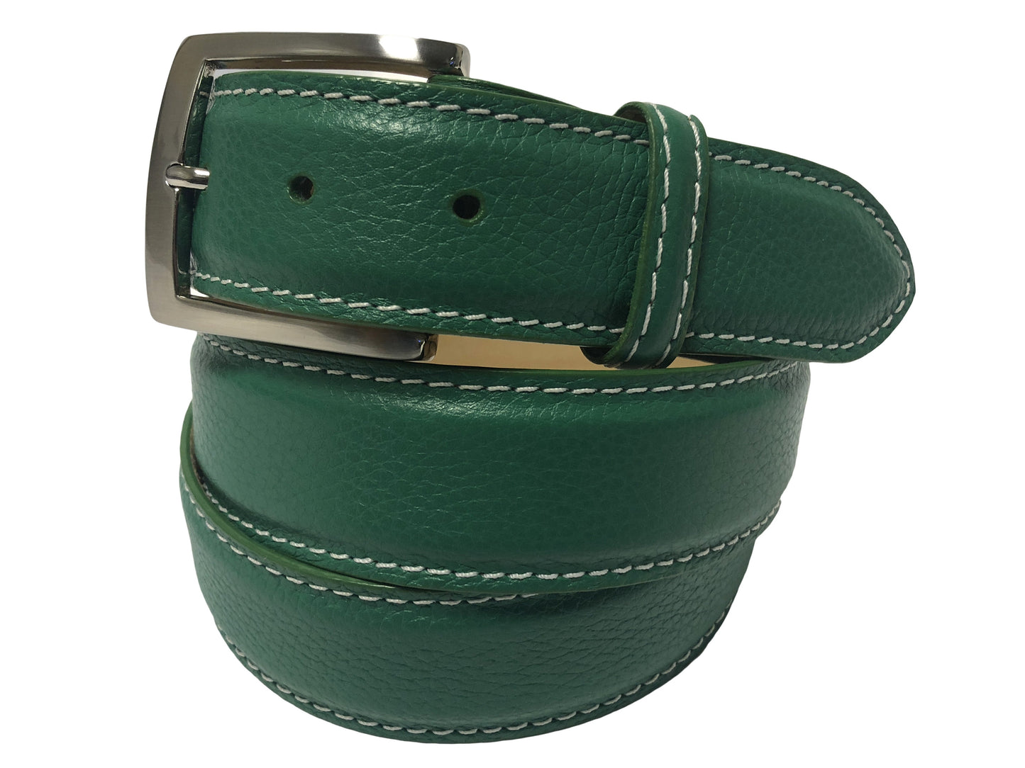 Calf Skin Pebble Belt Green / White Stitch - The Golf Guys Online