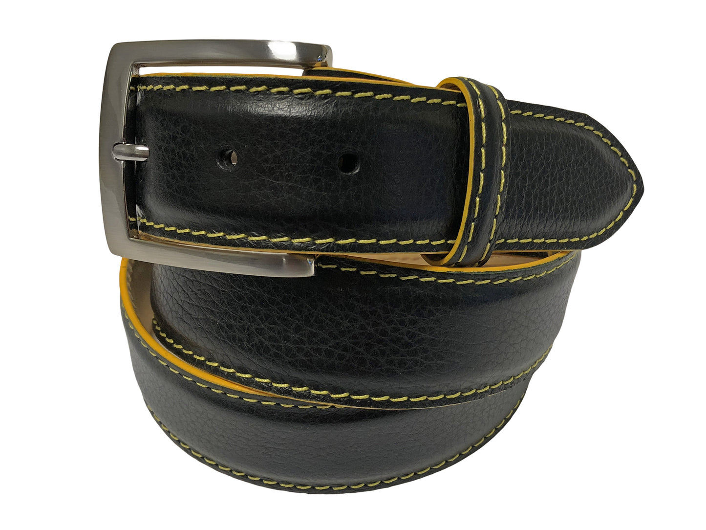 Calf Skin Pebble Belt Black / Yellow Stitch & Edge - The Golf Guys Online
