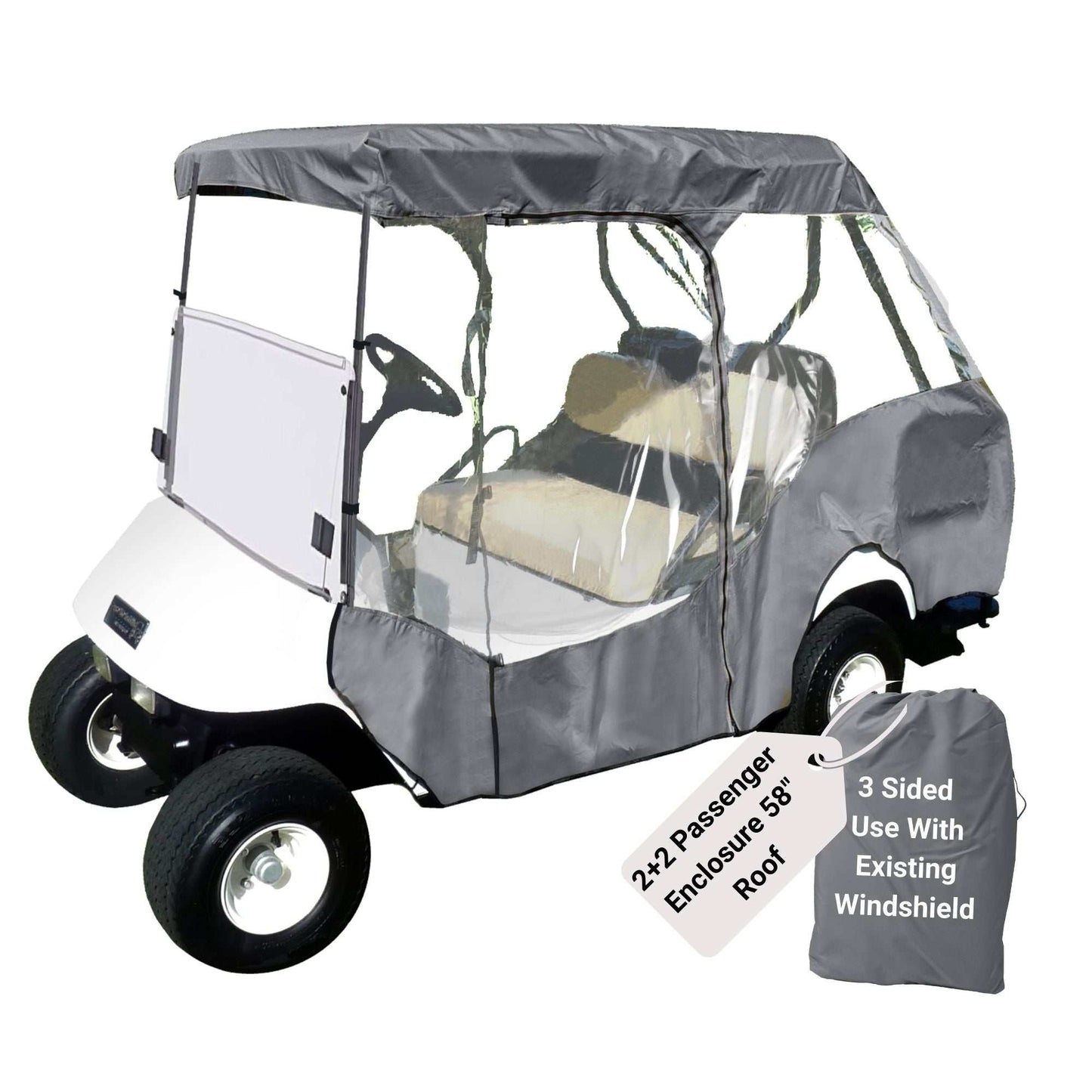 2+2 Passenger 3 Sided Golf Cart Enclosure Short Roof 58"L Cover Open Front - Grey