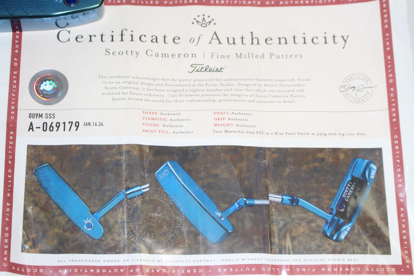 Scotty Cameron - Tour Only Blue Pearl SSS Masterful 009.M Circle T 350G Blade Putter - The Golf Guys Online