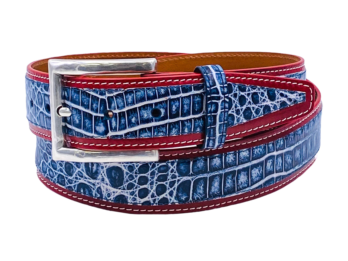 Alligator Calf Duo-Skin Handpainted Belt Blue/White/Red - The Golf Guys Online