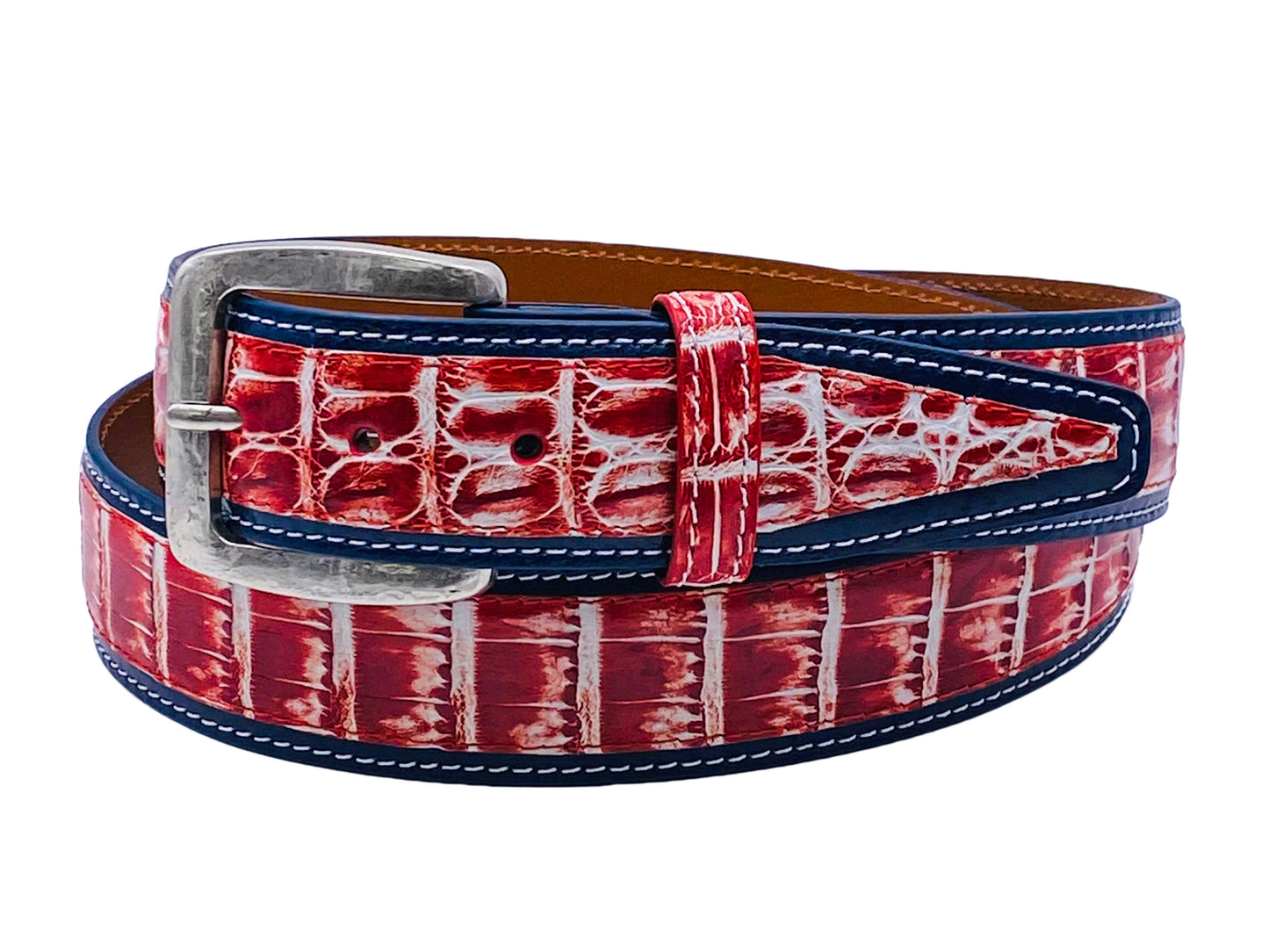 Caiman Calf Duo-Skin Handpainted Belt Red/White/Navy - The Golf Guys Online