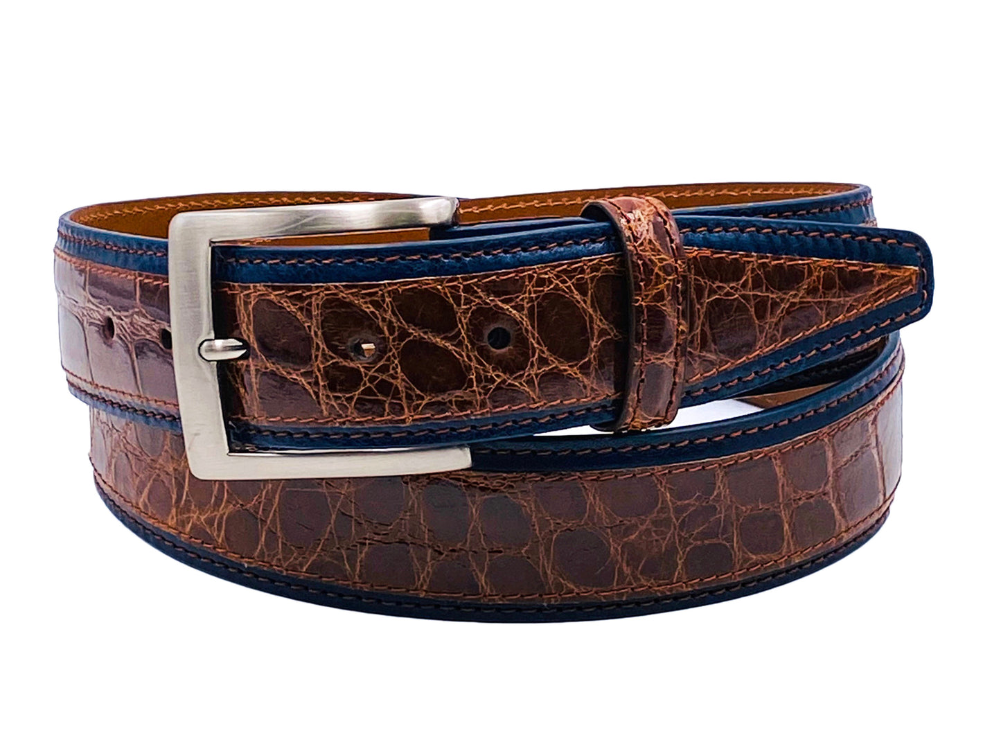 Alligator Calf Duo-Skin Handpainted Belt Navy/Cognac - The Golf Guys Online