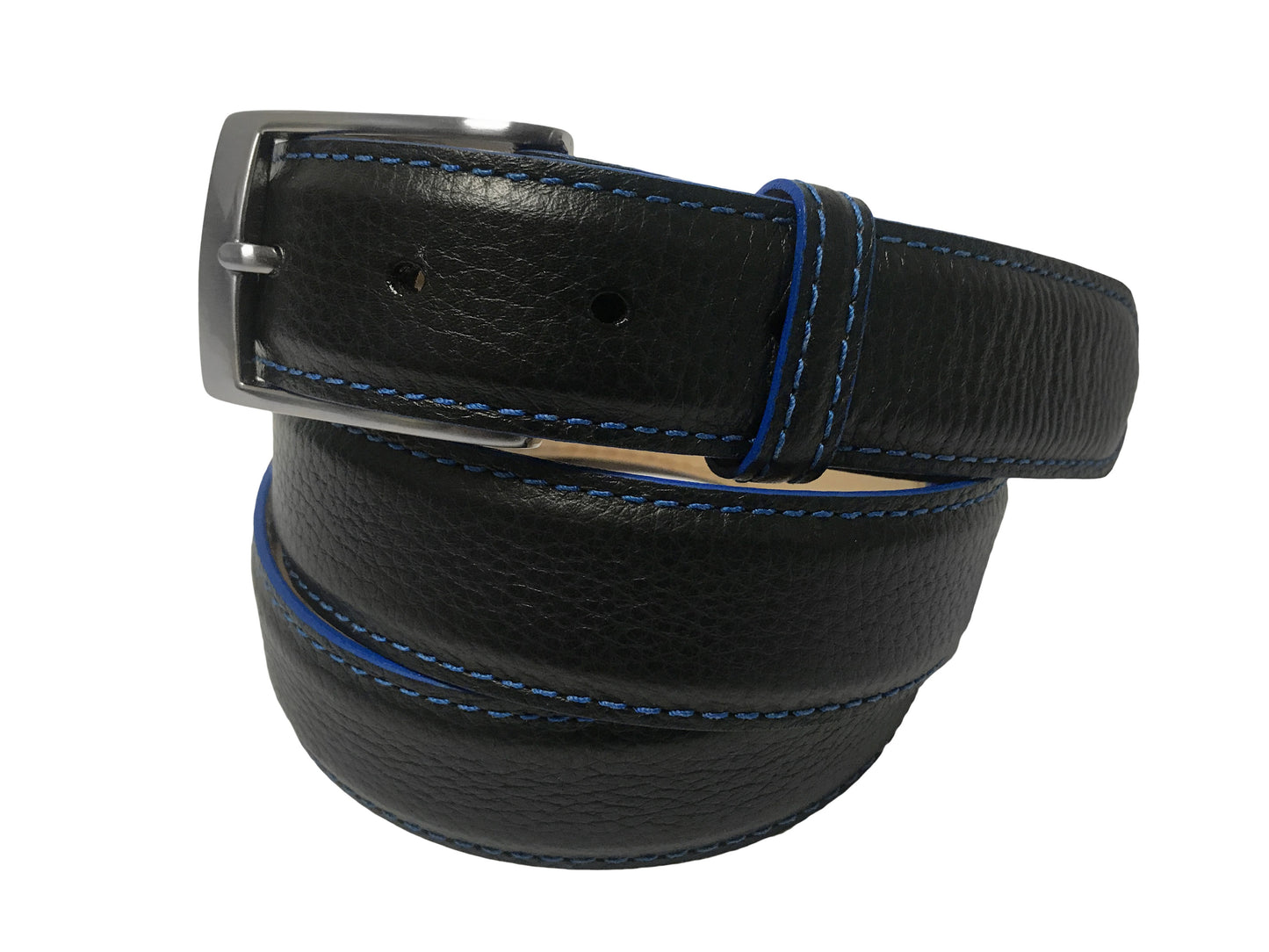 Calf Skin Pebble Belt Black / Blue Stitch & Edge - The Golf Guys Online