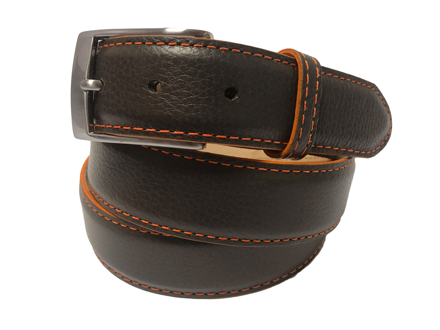 Calf Skin Pebble Belt Brown / Orange Stitch & Edge - The Golf Guys Online