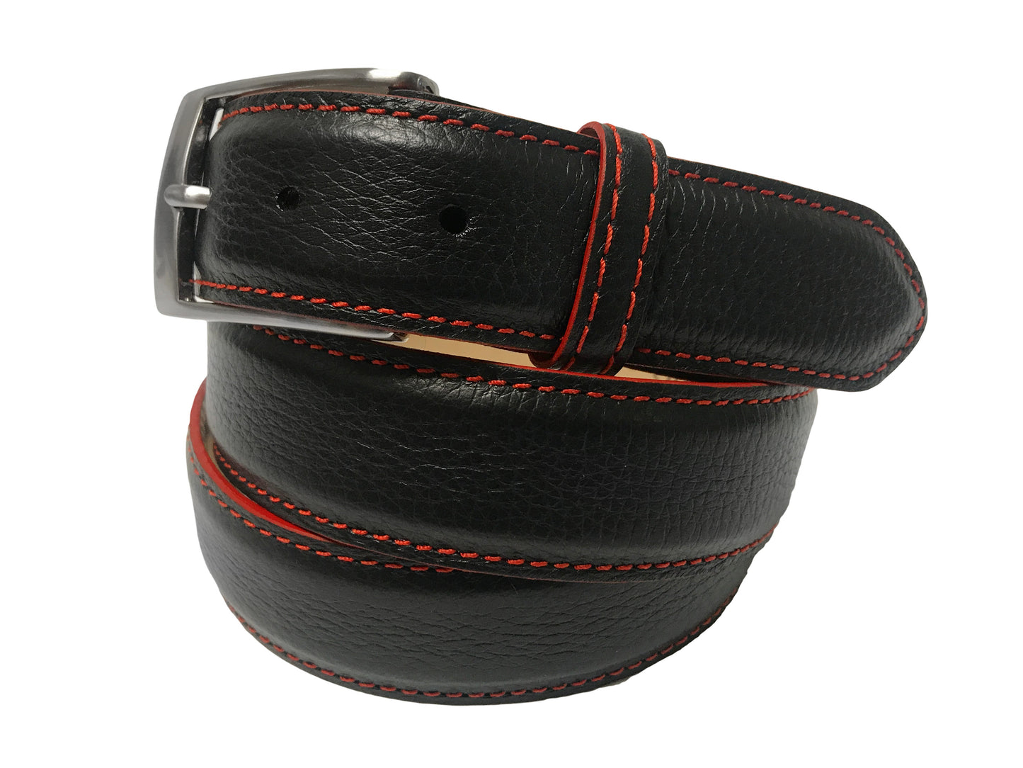 Calf Skin Pebble Belt Black / Red Stitch & Edge - The Golf Guys Online