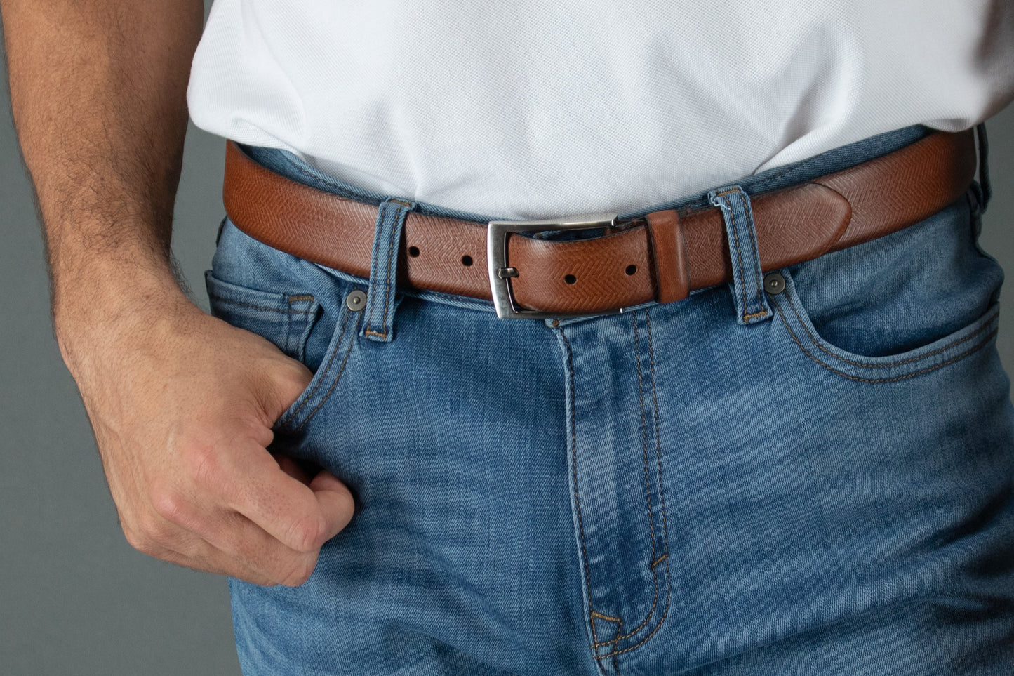Gregorio 35mm Herringbone Embossed Feather Edged Leather Belt - The Golf Guys Online