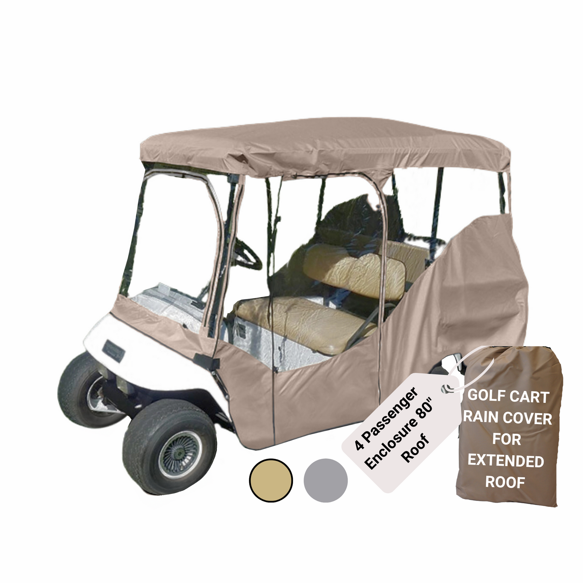 4 Passenger Golf Cart Driving Enclosure Cover (4 Seater Long Roof 80") Taupe