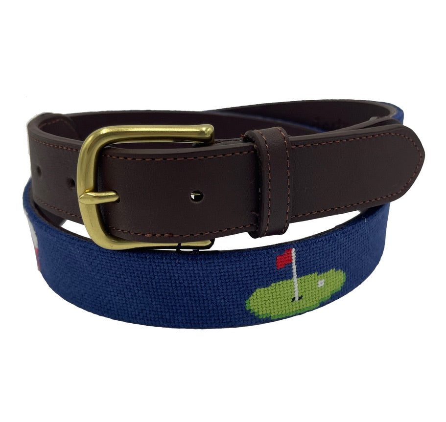 Charleston Belt Golf Green Gator Croc Leather Hand-stitched Needlepoint Belt Navy Blue - The Golf Guys Online