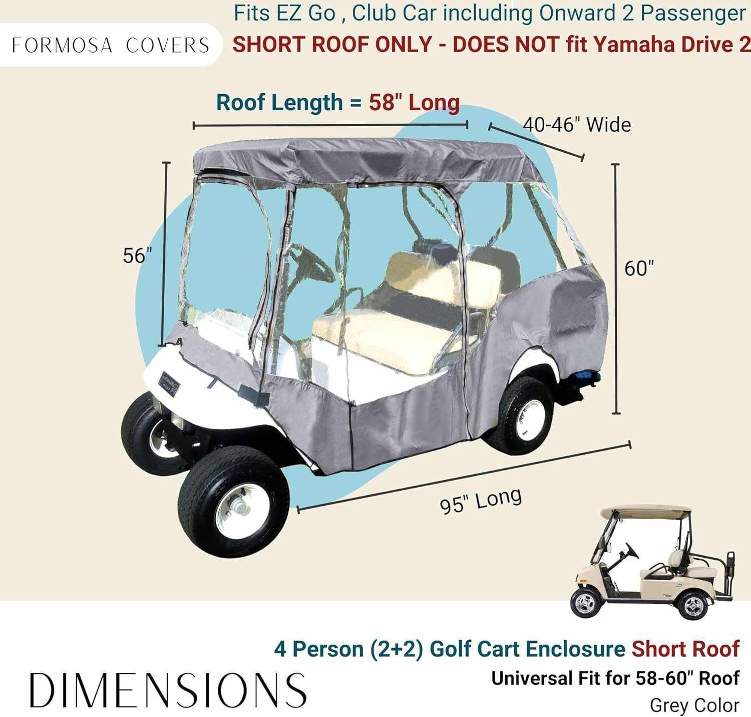 2+2 Passenger Golf Cart Driving Enclosure Cover (4 Passenger Short Roof 58") Grey