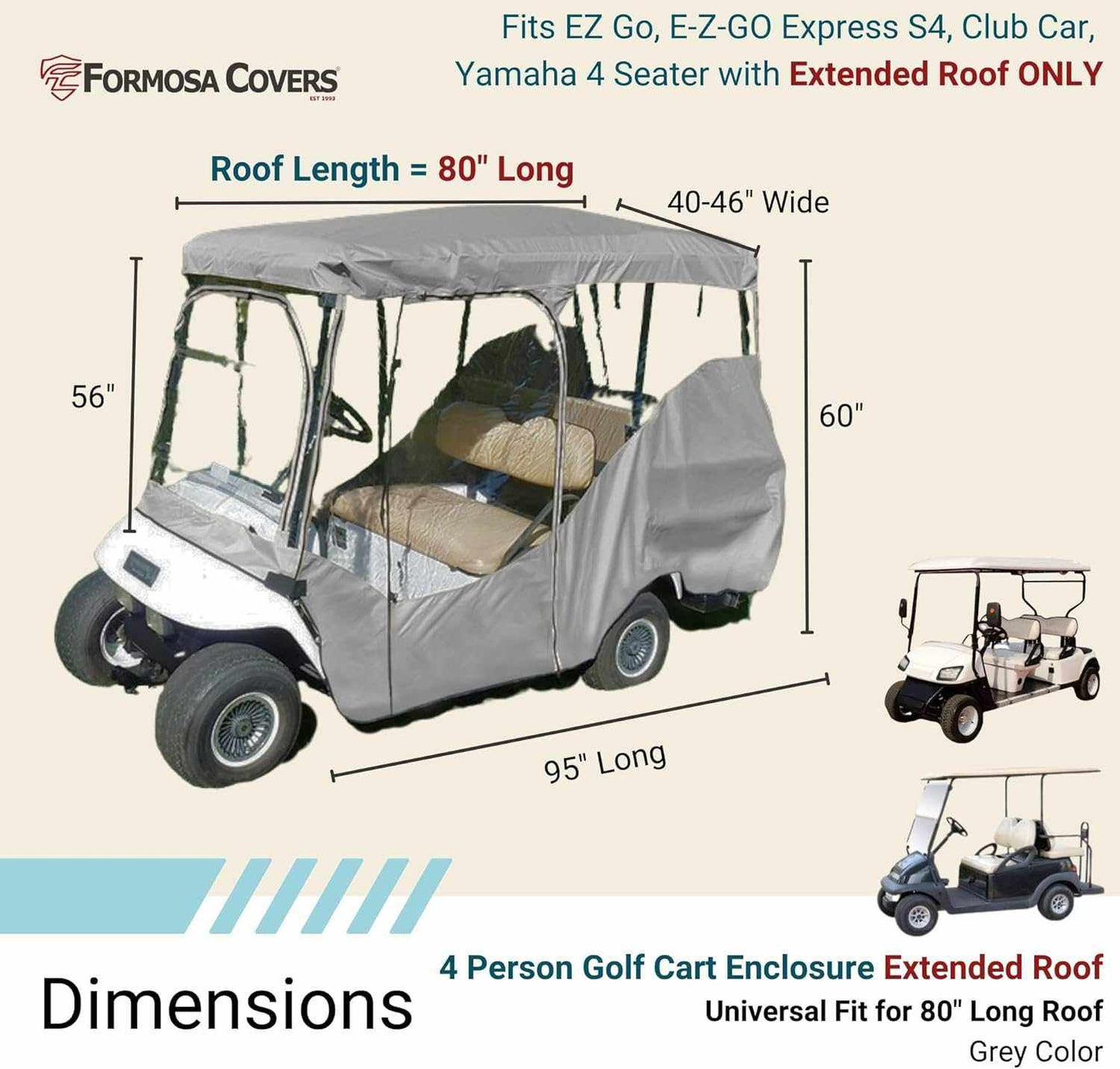 4 Passenger Long Roof Golf Cart Enclosure (Roof Length 80") Grey