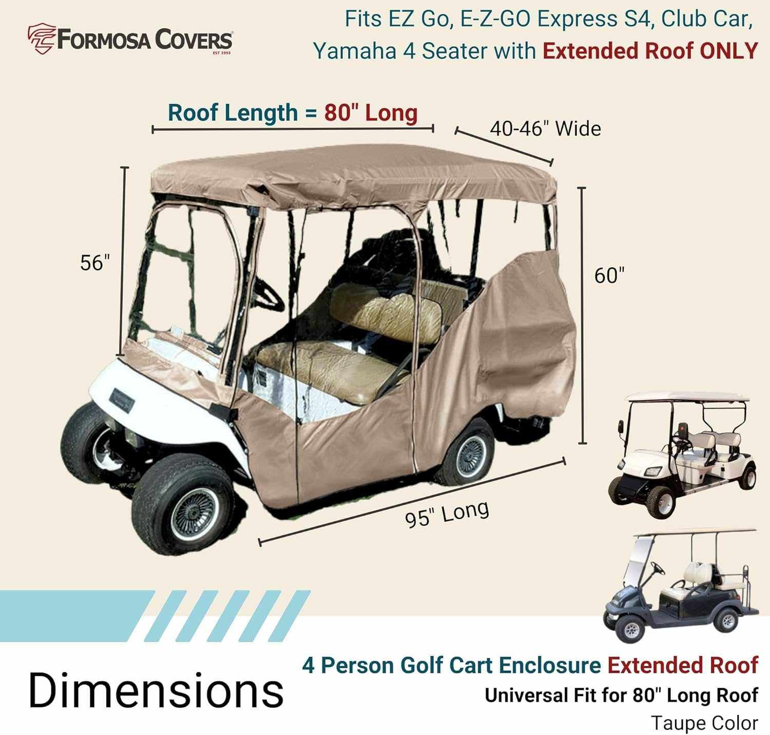 4 Passenger Golf Cart Driving Enclosure Cover (4 Seater Long Roof 80") Taupe