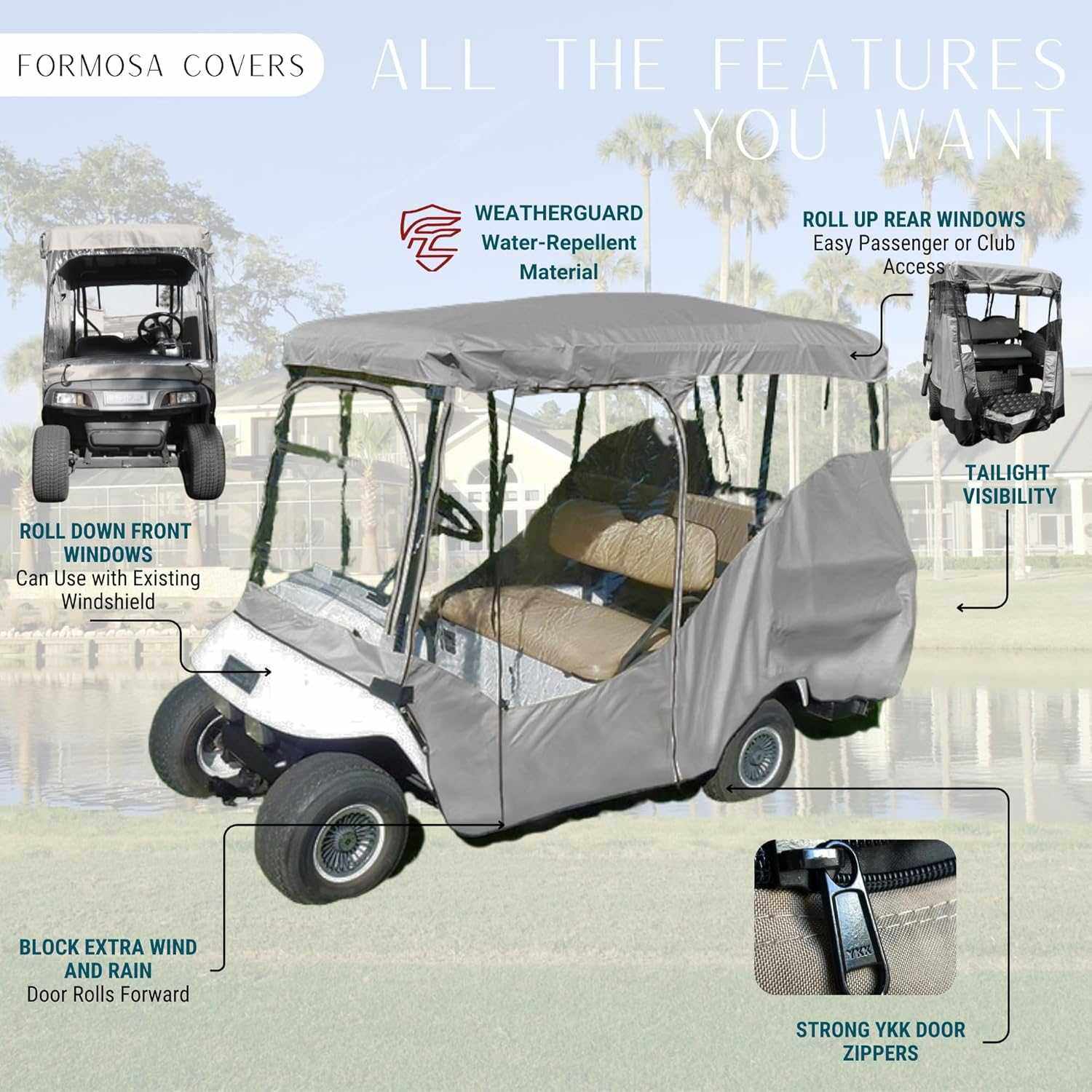 4 Passenger Long Roof Golf Cart Enclosure (Roof Length 80") Grey