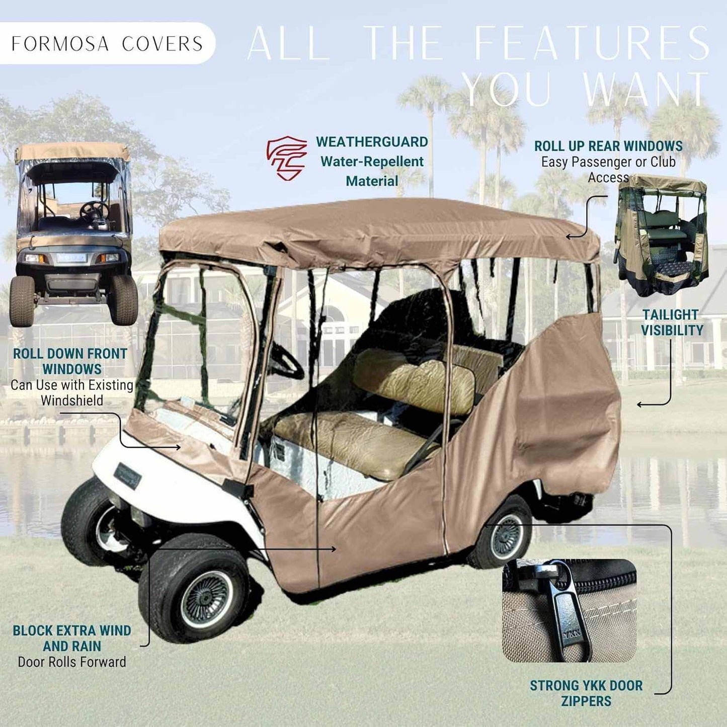 4 Passenger Golf Cart Driving Enclosure Cover (4 Seater Long Roof 80") Taupe