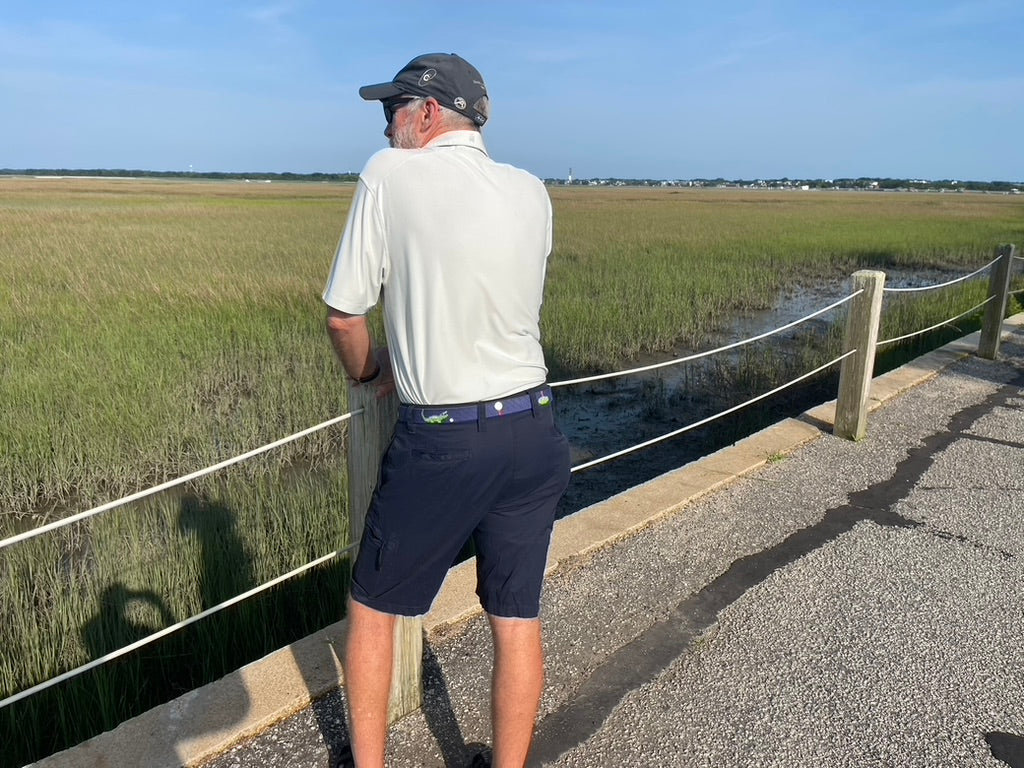 Charleston Belt Golf Green Gator Croc Leather Hand-stitched Needlepoint Belt Navy Blue - The Golf Guys Online