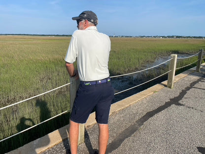 Charleston Belt Golf Green Gator Croc Leather Hand-stitched Needlepoint Belt Navy Blue - The Golf Guys Online