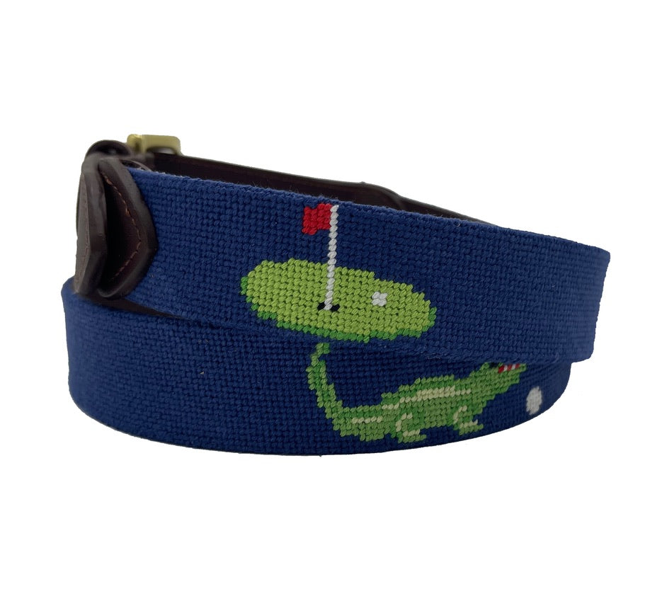 Charleston Belt Golf Green Gator Croc Leather Hand-stitched Needlepoint Belt Navy Blue - The Golf Guys Online