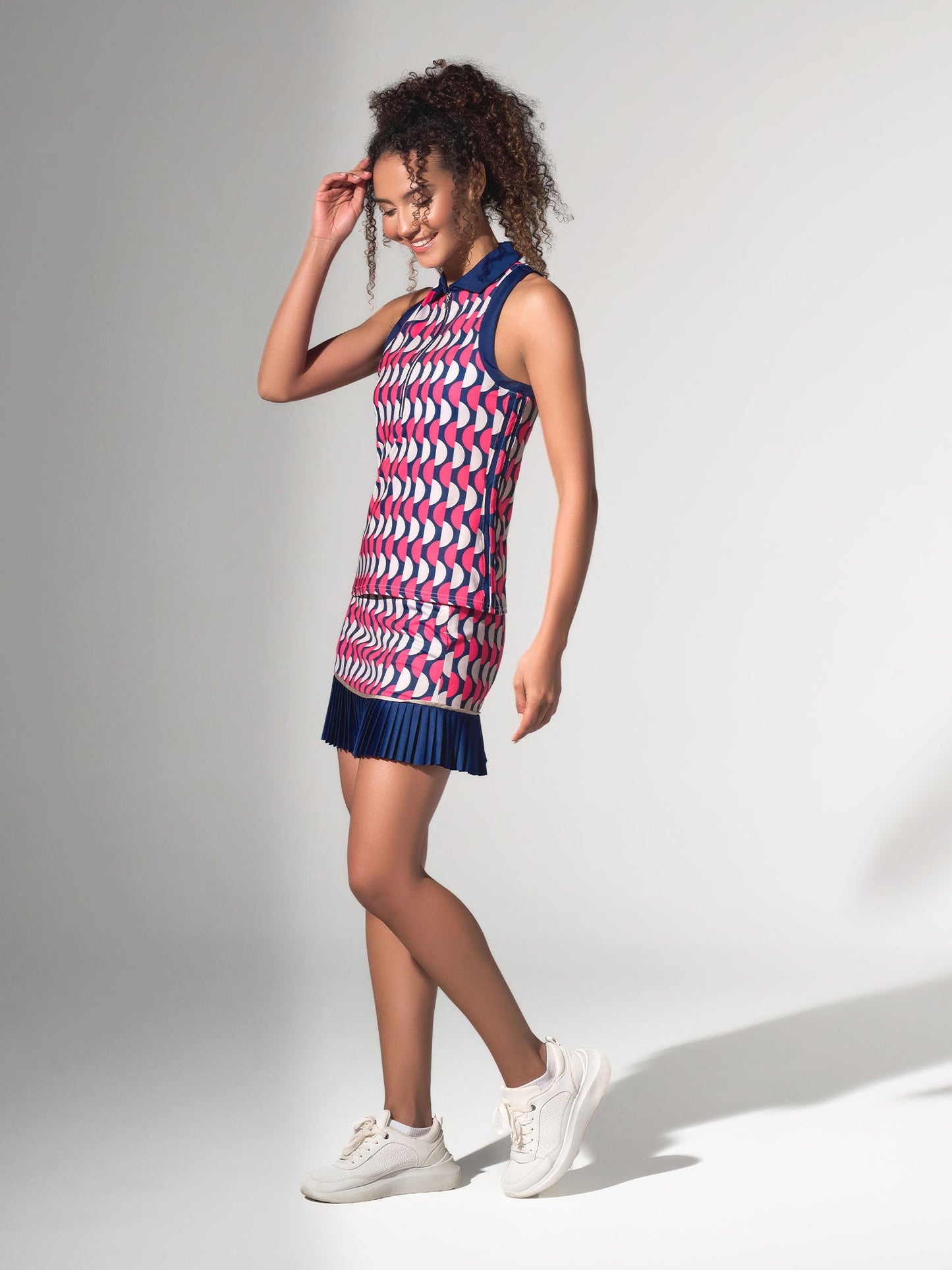 Ava Sleeveless Women's Golf & Tennis Polo Top - Geo Print/Ink - The Golf Guys Online