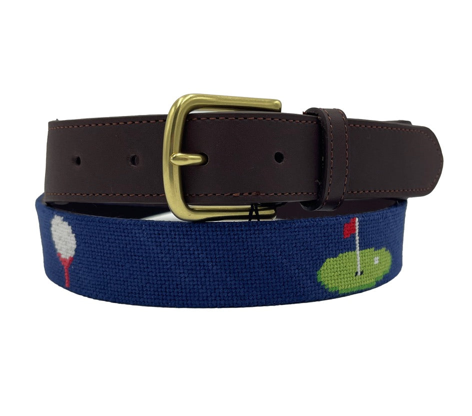 Charleston Belt Golf Green Gator Croc Leather Hand-stitched Needlepoint Belt Navy Blue - The Golf Guys Online