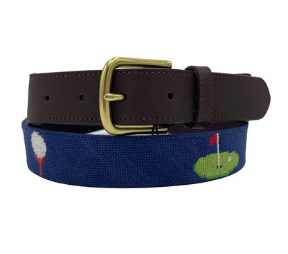 Charleston Belt Golf Green Gator Croc Leather Hand-stitched Needlepoint Belt Navy Blue - The Golf Guys Online