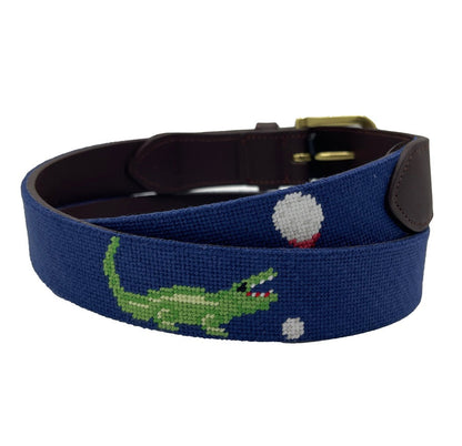 Charleston Belt Golf Green Gator Croc Leather Hand-stitched Needlepoint Belt Navy Blue - The Golf Guys Online