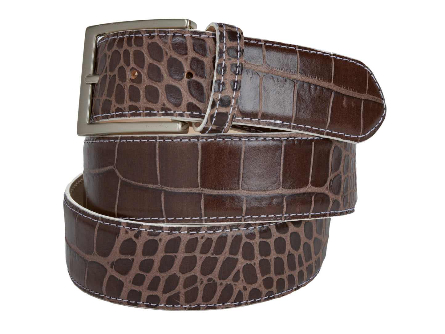 Calf Skin Alligator Embossed Belt Brown / White Stitch - The Golf Guys Online