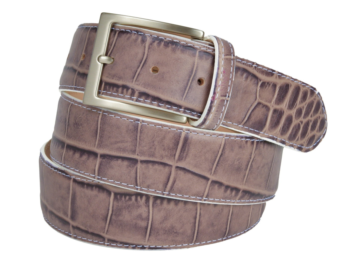 Calf Skin Alligator Embossed Belt Taupe / White Stitch - The Golf Guys Online