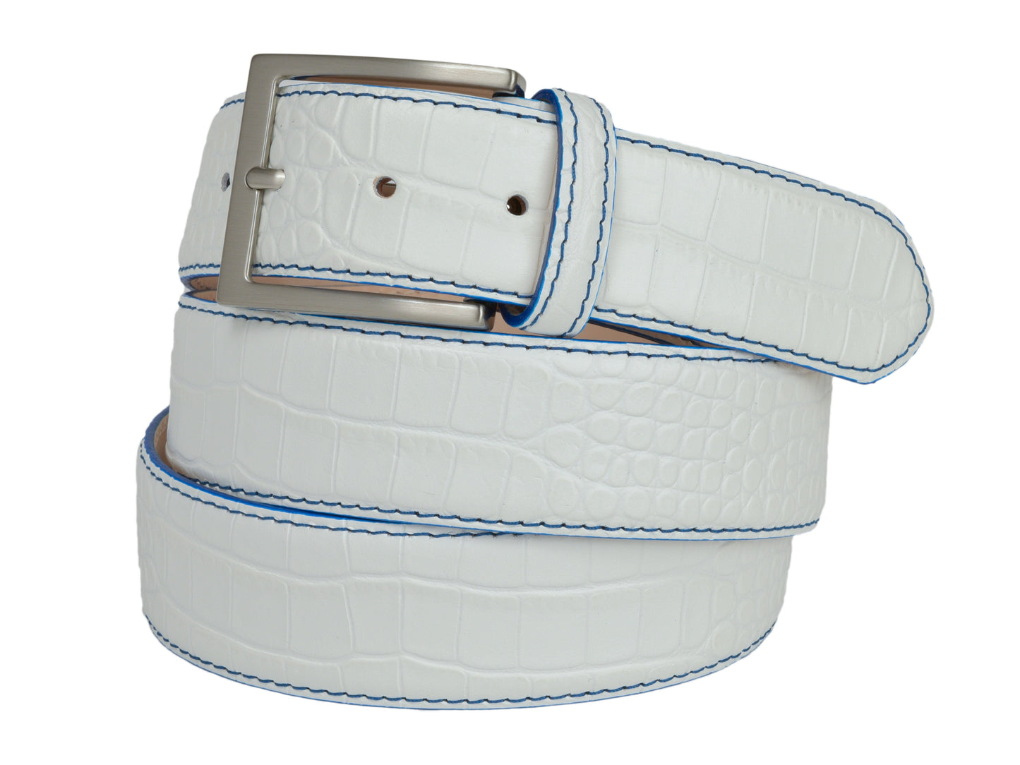 Calf Skin Alligator Embossed Belt White / Blue Stitch - The Golf Guys Online