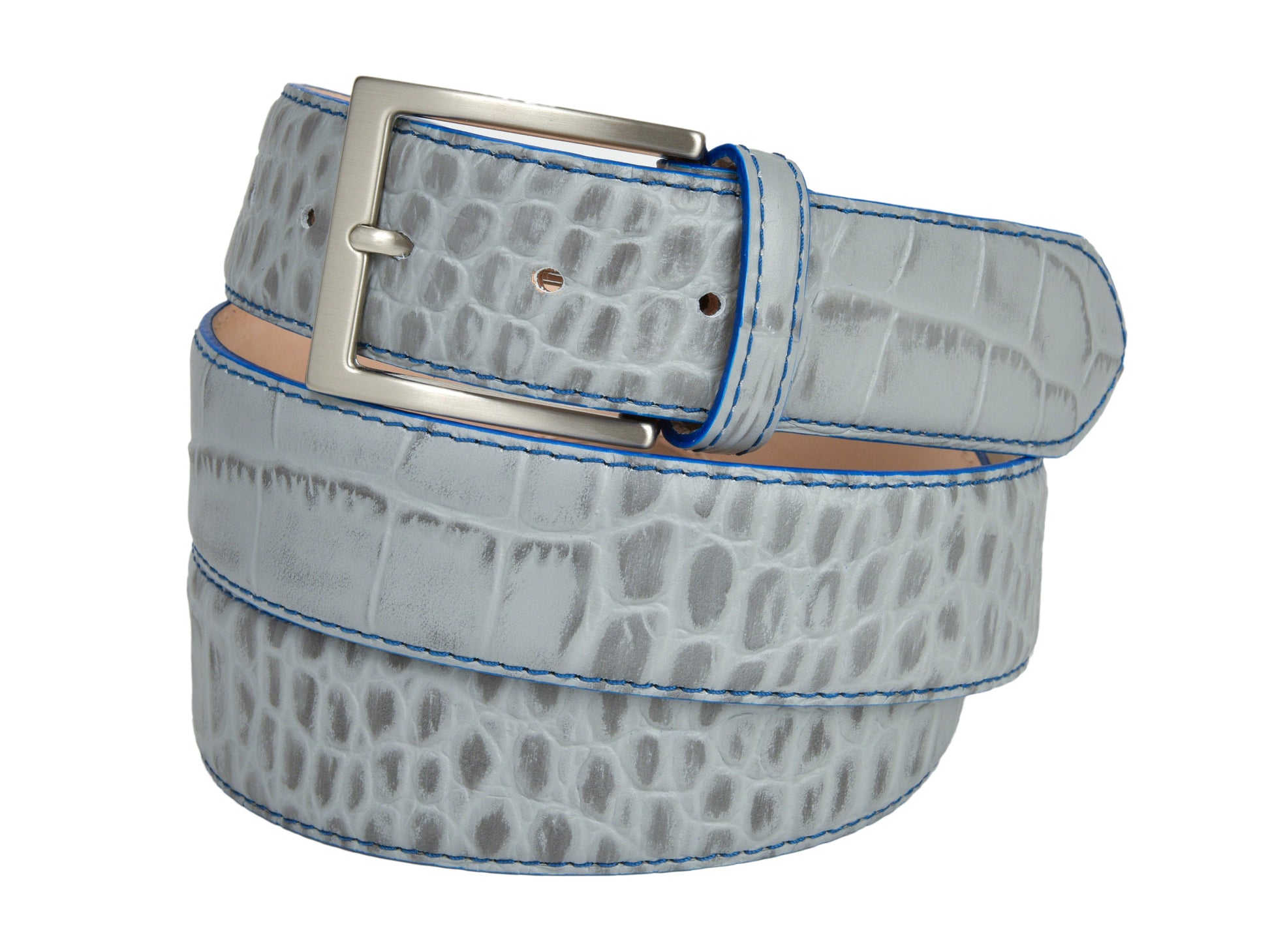 Calf Skin Alligator Embossed Belt Gray / Blue Stitch - The Golf Guys Online
