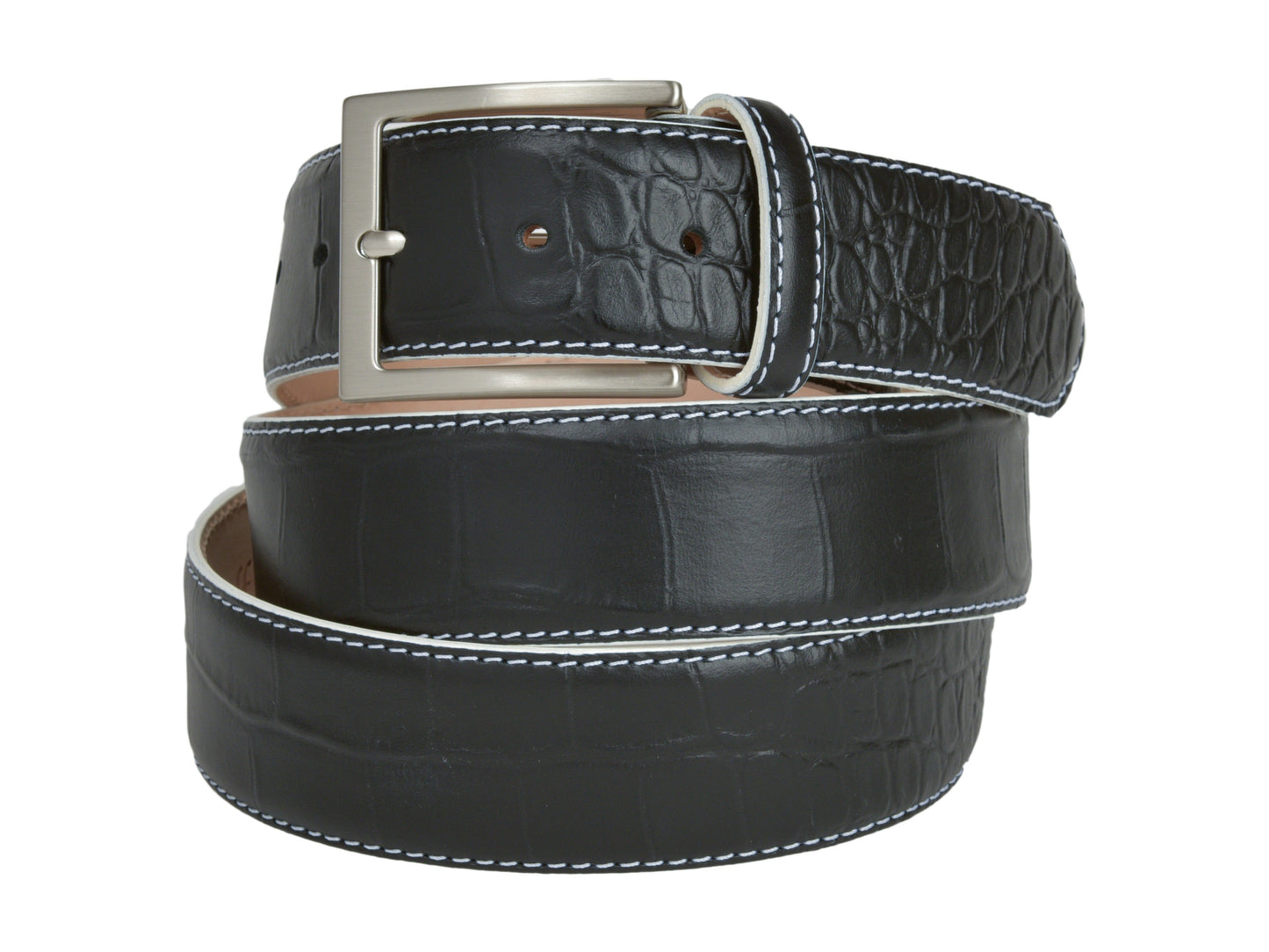 Calf Skin Alligator Embossed Belt Black / White Stitch - The Golf Guys Online