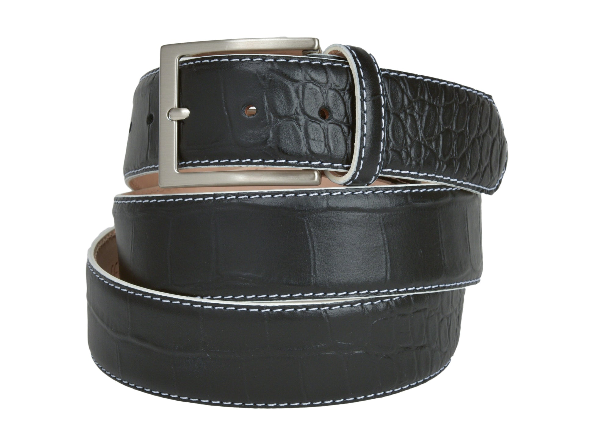 Calf Skin Alligator Embossed Belt Black / White Stitch - The Golf Guys Online