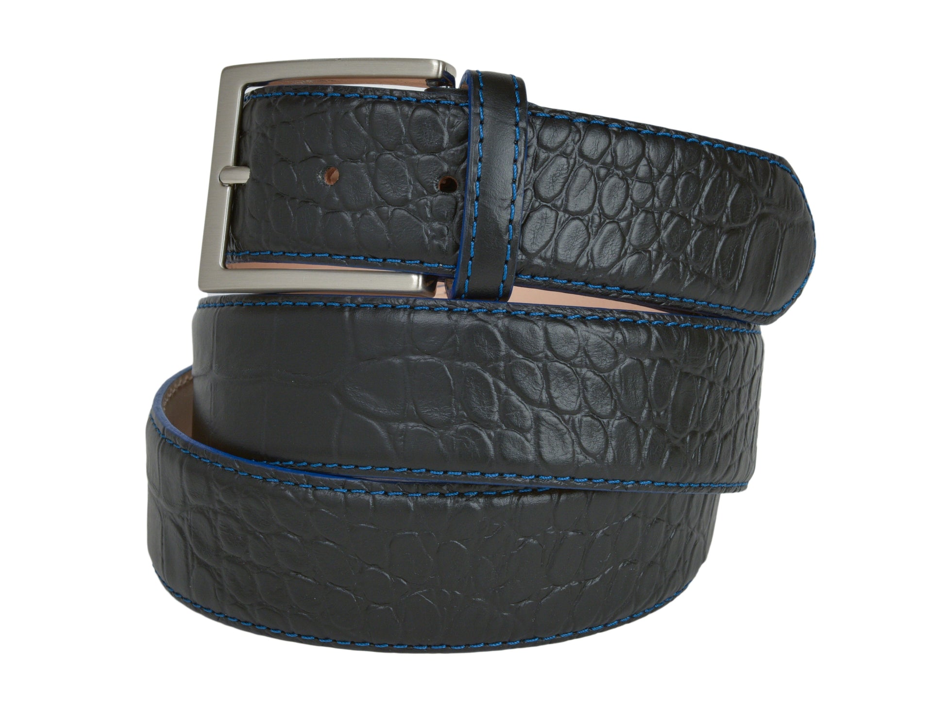 Calf Skin Alligator Embossed Belt Black / Blue Stitch - The Golf Guys Online