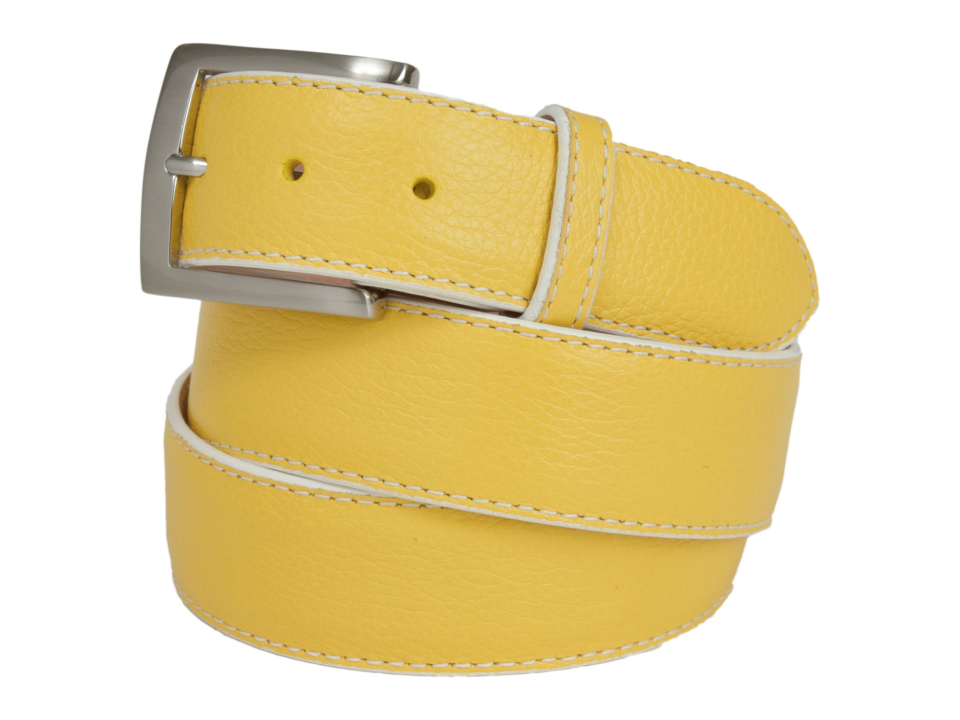 Calf Skin Pebble Belt Yellow / White Stitch - The Golf Guys Online