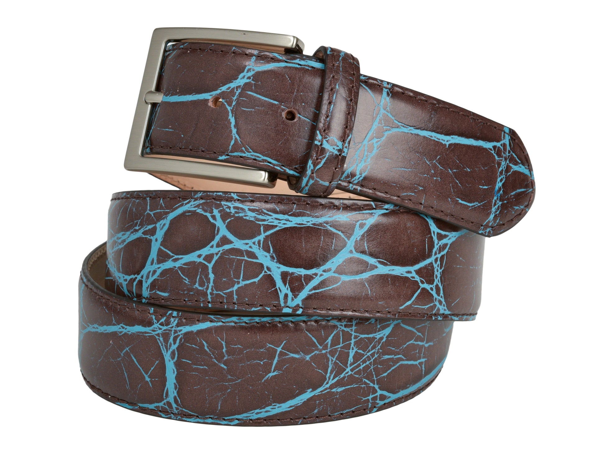 Limited Edition Calf Skin Alligator Embossed Belt Brown/Teal Blue - The Golf Guys Online