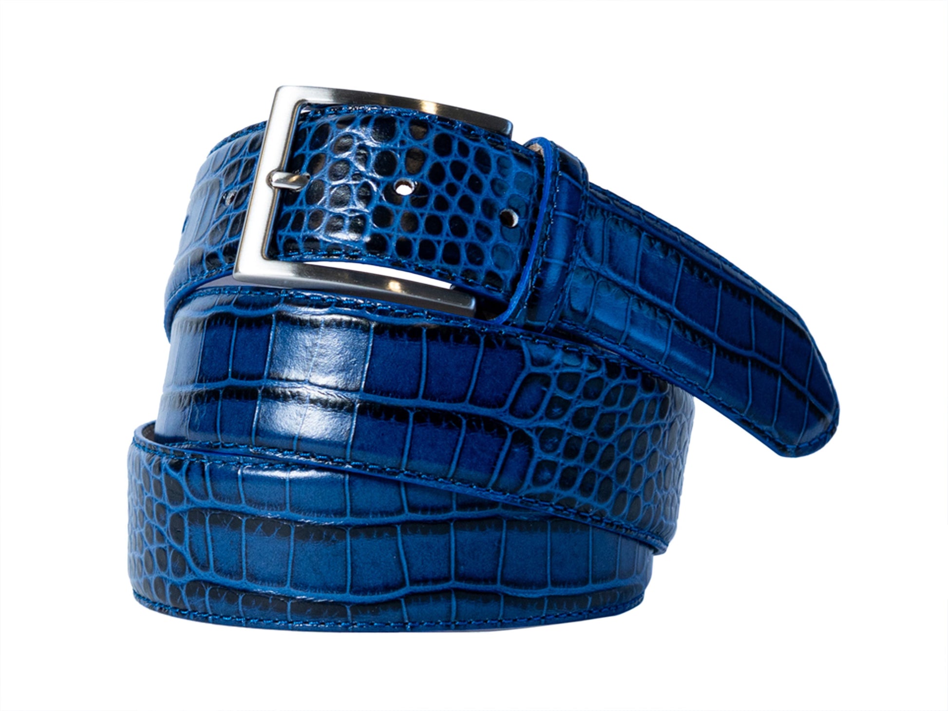 Limited Edition Handpainted Calf Skin Alligator Embossed Belt Blue/Black - The Golf Guys Online
