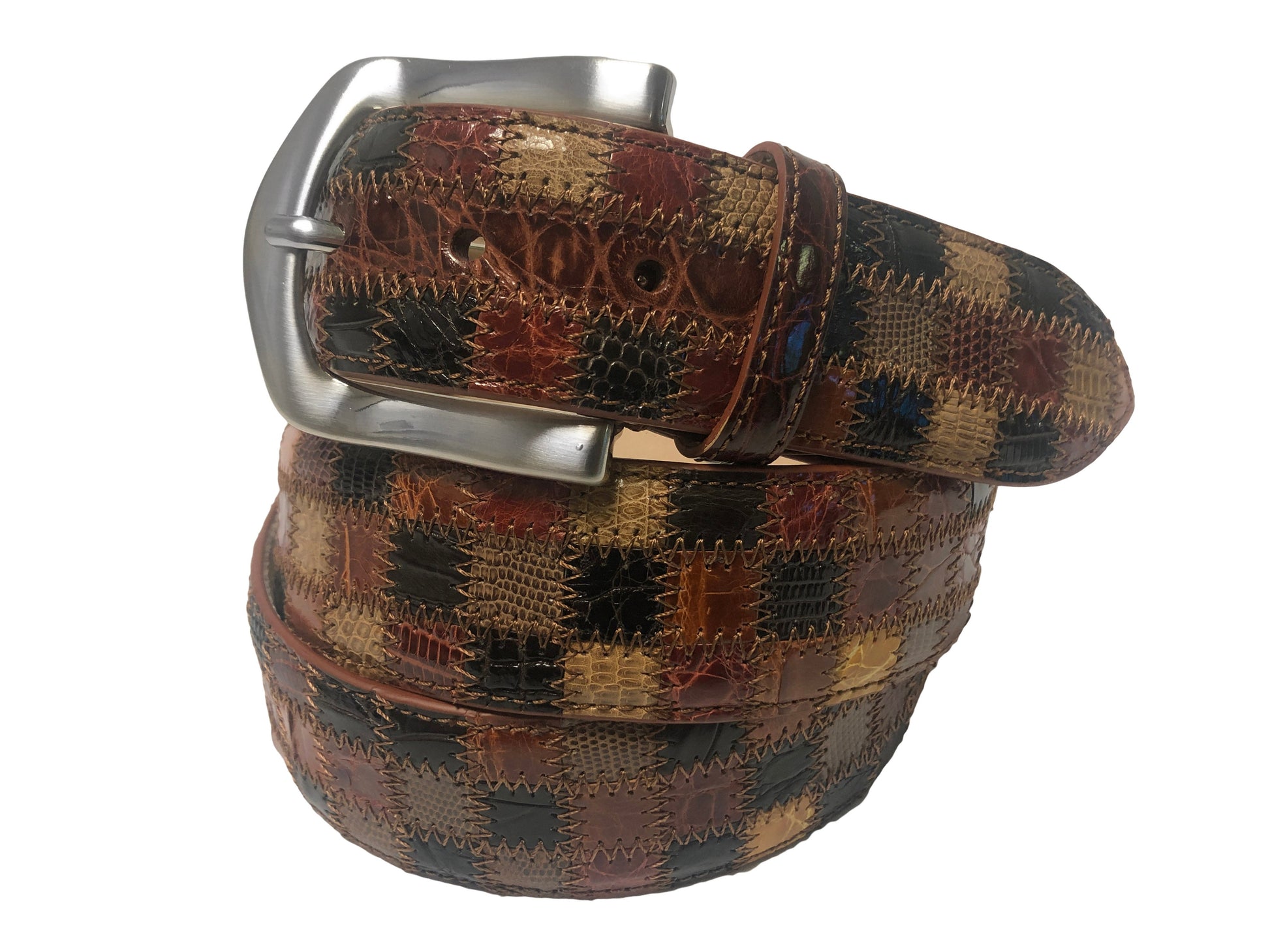 Alligator Caiman Lizard Multi-skin Patchwork Belt Brown - The Golf Guys Online