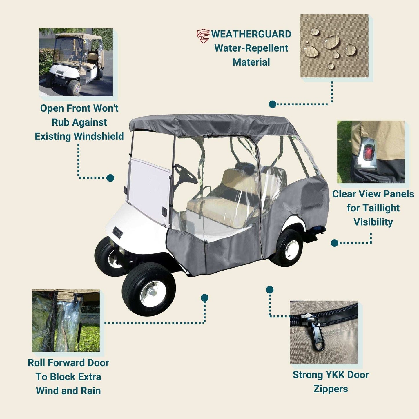 2+2 Passenger 3 Sided Golf Cart Enclosure Short Roof 58"L Cover Open Front - Grey