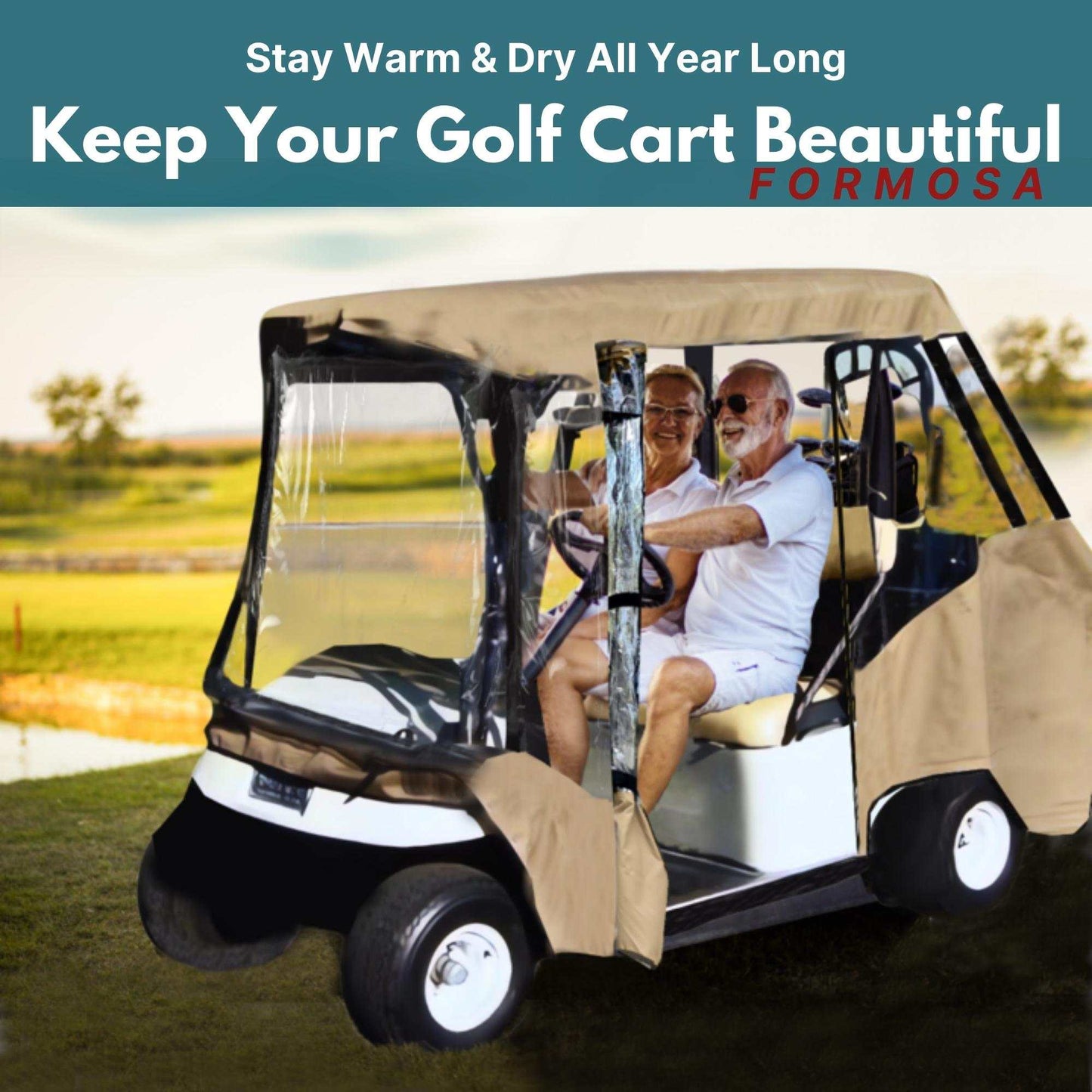 2+2 Passenger Golf Cart Driving Enclosure Cover (4 Passenger Short Roof 58") Taupe