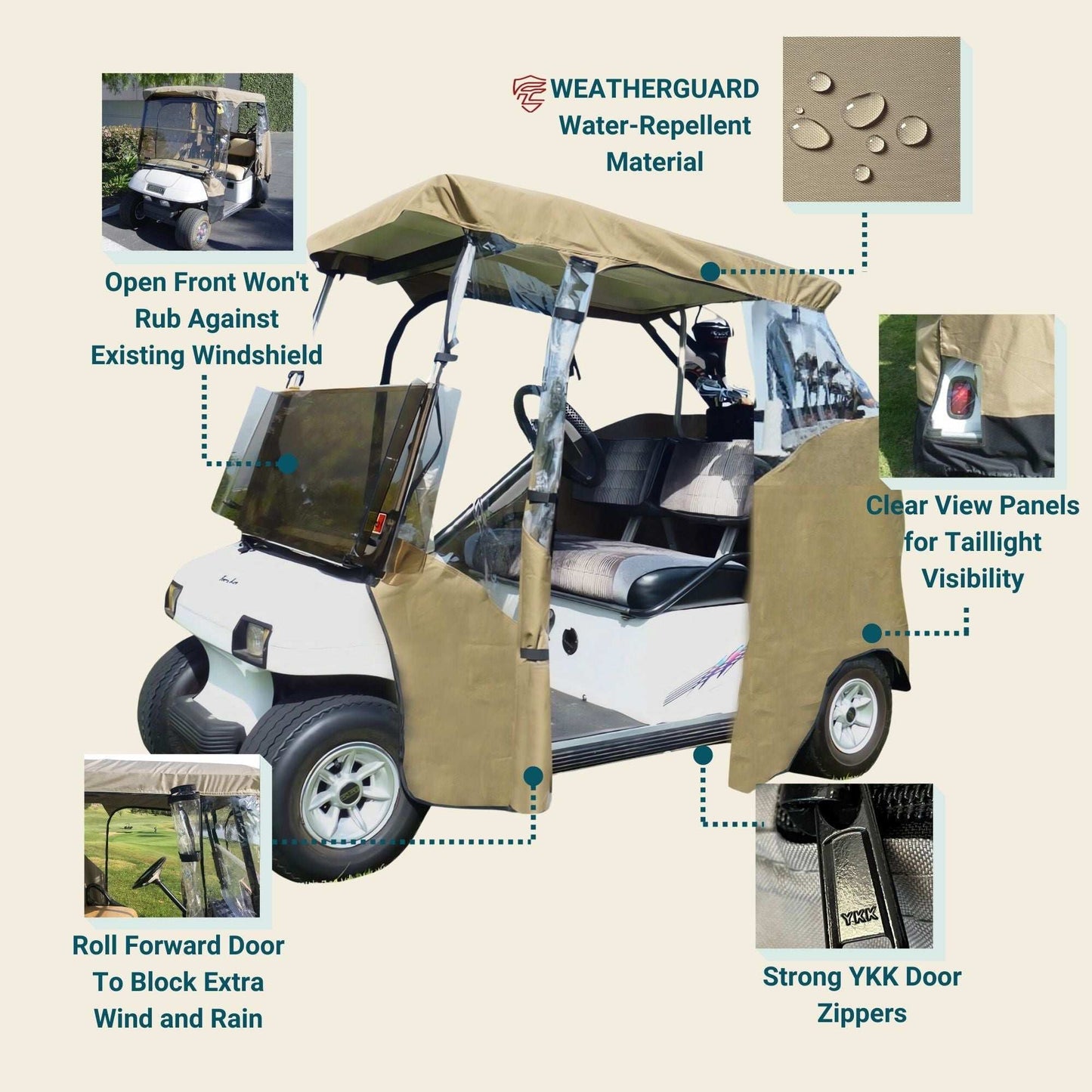 2 Passenger 3 Sides Golf Cart Driving Enclosure Cover Open Front Taupe