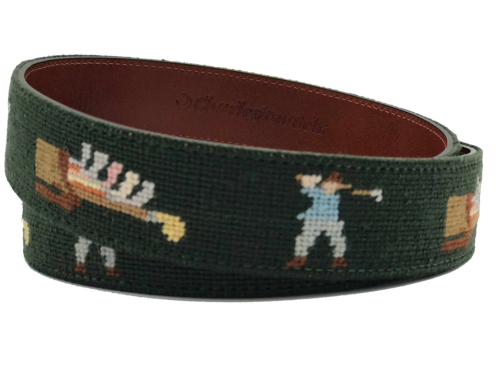 Charleston Belt Golf Forever Leather Needlepoint Belt - The Golf Guys Online